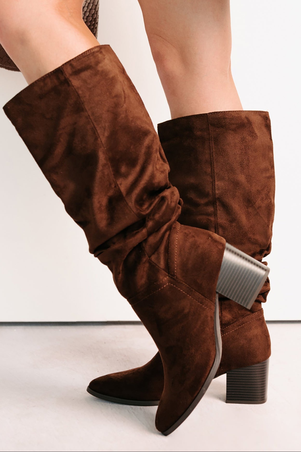 Bare & Bold Chunky Heel Faux Suede Boots (Tobacco) - NanaMacs