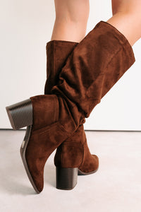 Bare & Bold Chunky Heel Faux Suede Boots (Tobacco) - NanaMacs