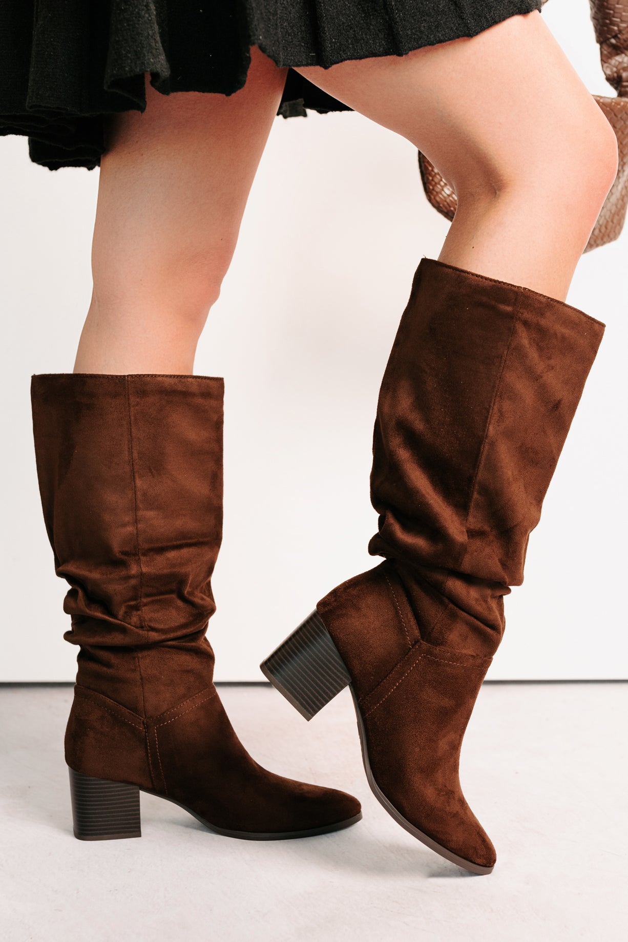 Bare & Bold Chunky Heel Faux Suede Boots (Tobacco) - NanaMacs