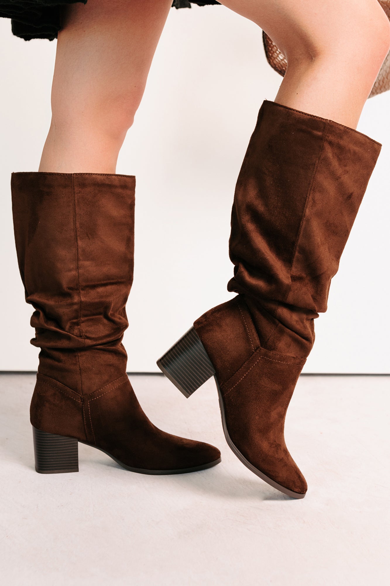 Bare & Bold Chunky Heel Faux Suede Boots (Tobacco) - NanaMacs