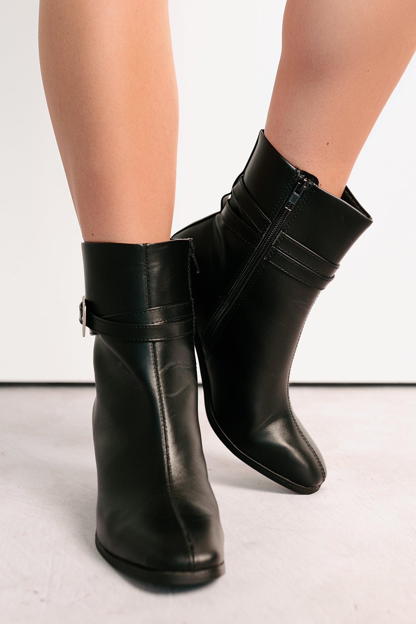 Step In Style Faux Leather Buckle Detail Booties (Black) - NanaMacs