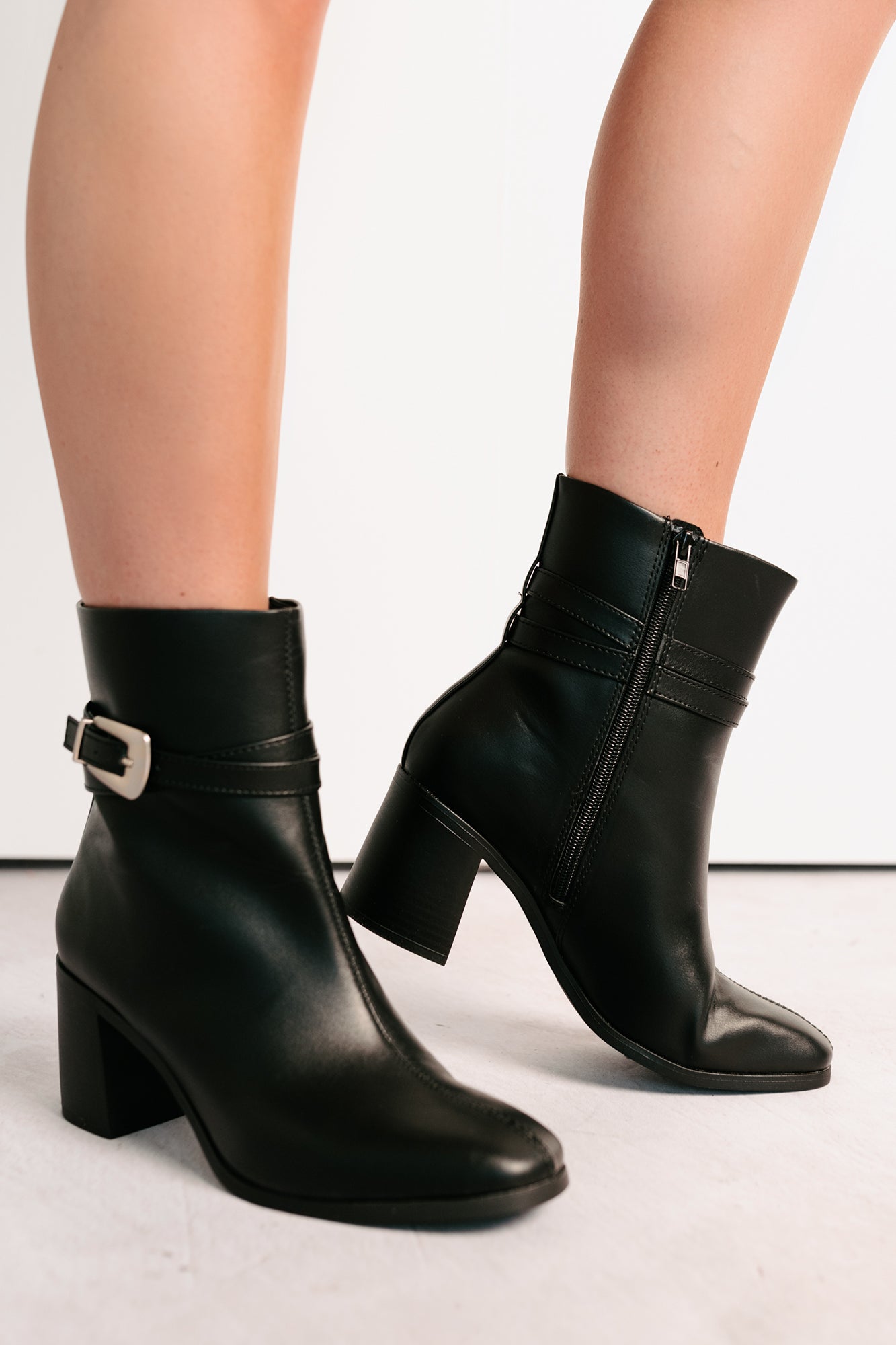 Step In Style Faux Leather Buckle Detail Booties (Black) - NanaMacs