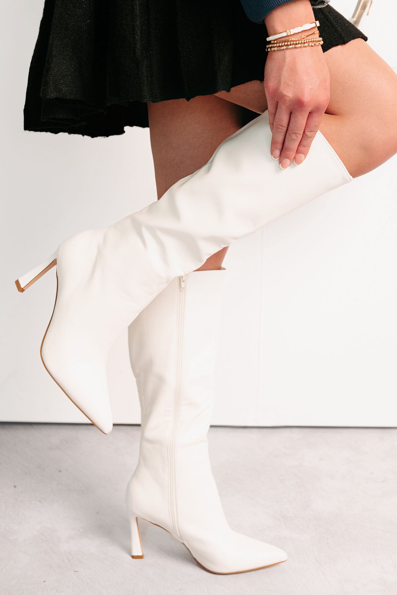 Radiant Edge Knee High Faux Leather Boots (White) - NanaMacs