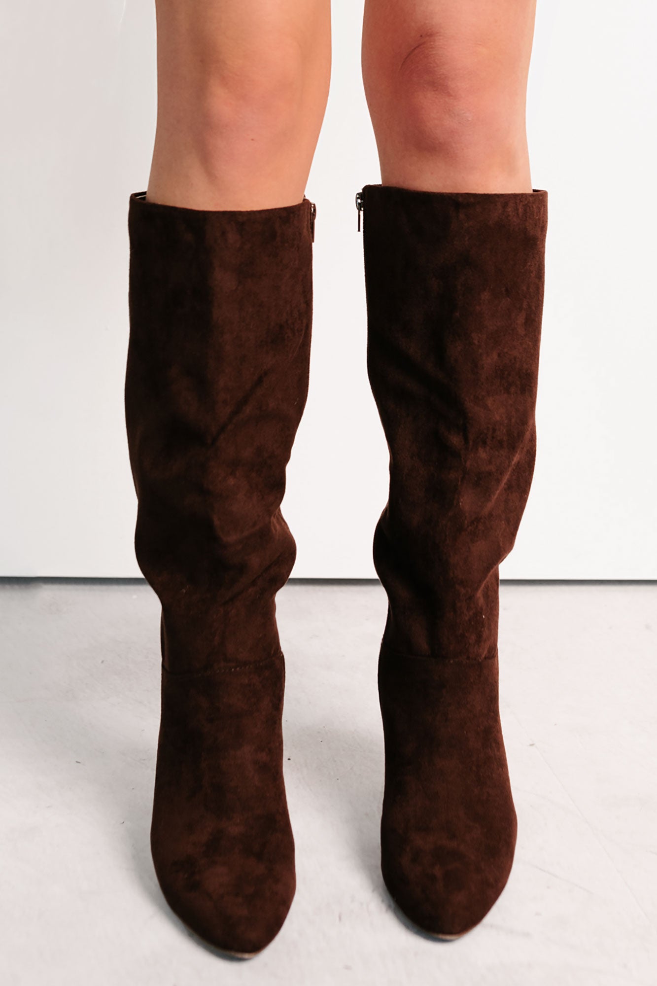 Desk Diva Knee High Faux Suede Stiletto Boots (Brown) - NanaMacs