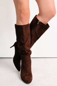 Desk Diva Knee High Faux Suede Stiletto Boots (Brown) - NanaMacs