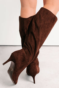 Desk Diva Knee High Faux Suede Stiletto Boots (Brown) - NanaMacs