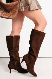 Desk Diva Knee High Faux Suede Stiletto Boots (Brown) - NanaMacs