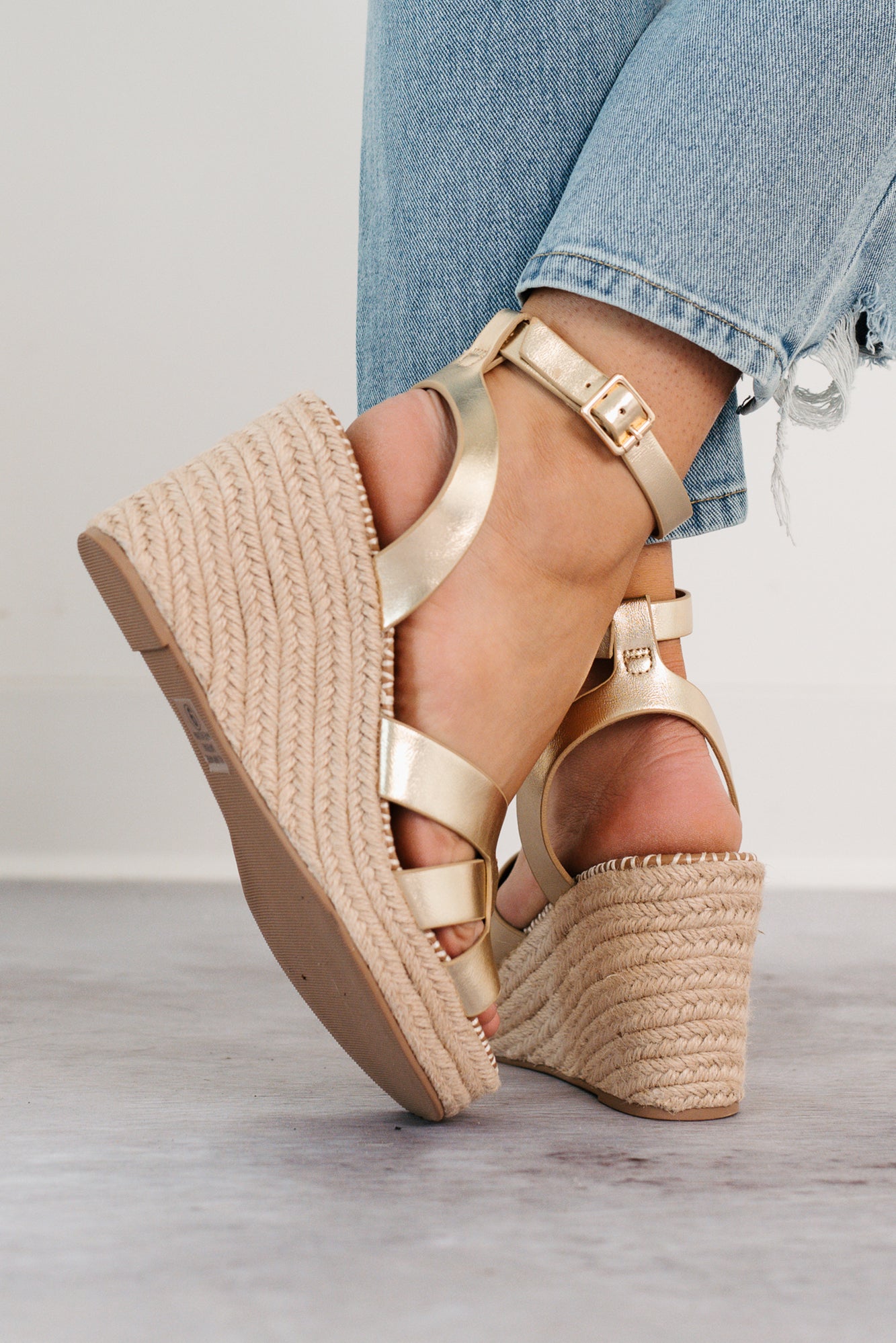Scarlett Ankle Strap Espadrille Wedge Sandal (Gold) · NanaMacs