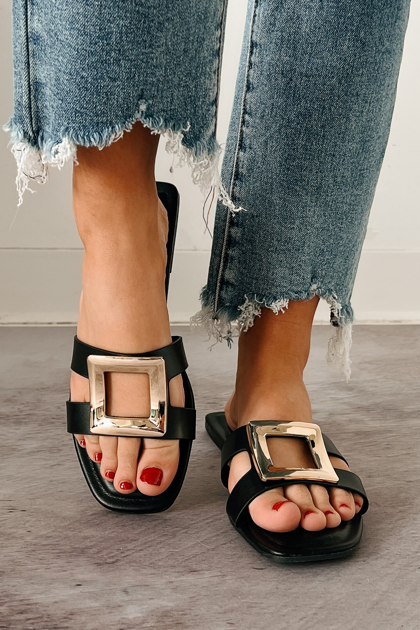 Talk Flirty Square Toe Gold Buckle Sandals (Black) · NanaMacs