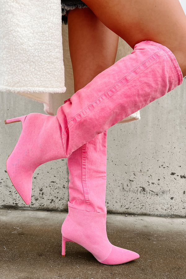 My Single Days Heeled Denim Boots (Pink Denim) - NanaMacs