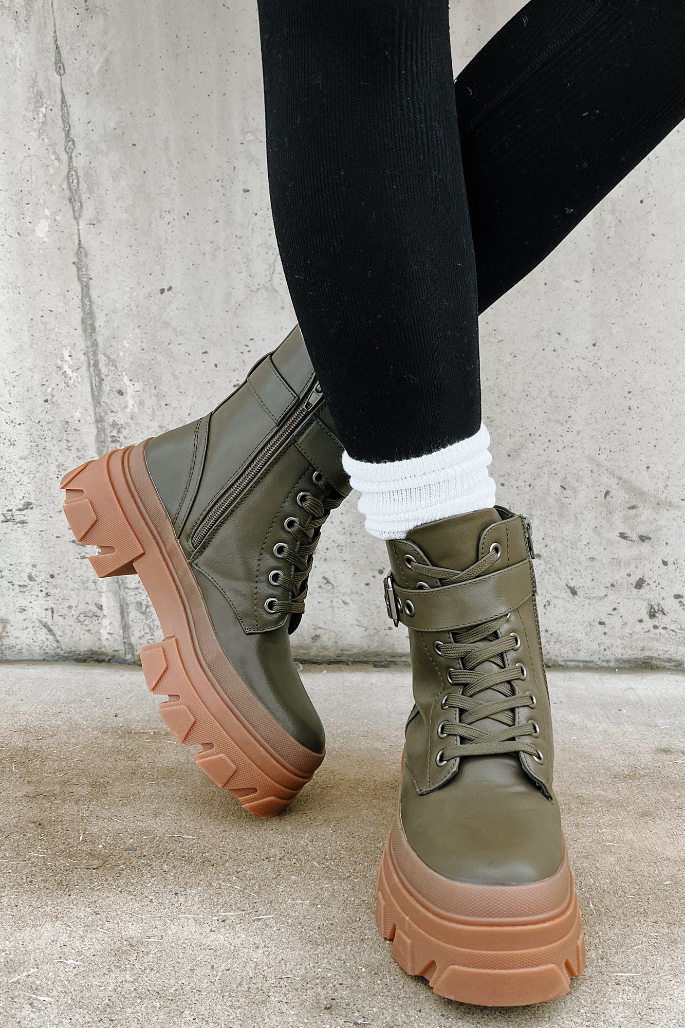 Chain Of Command Faux Leather Combat Booties (Olive) - NanaMacs