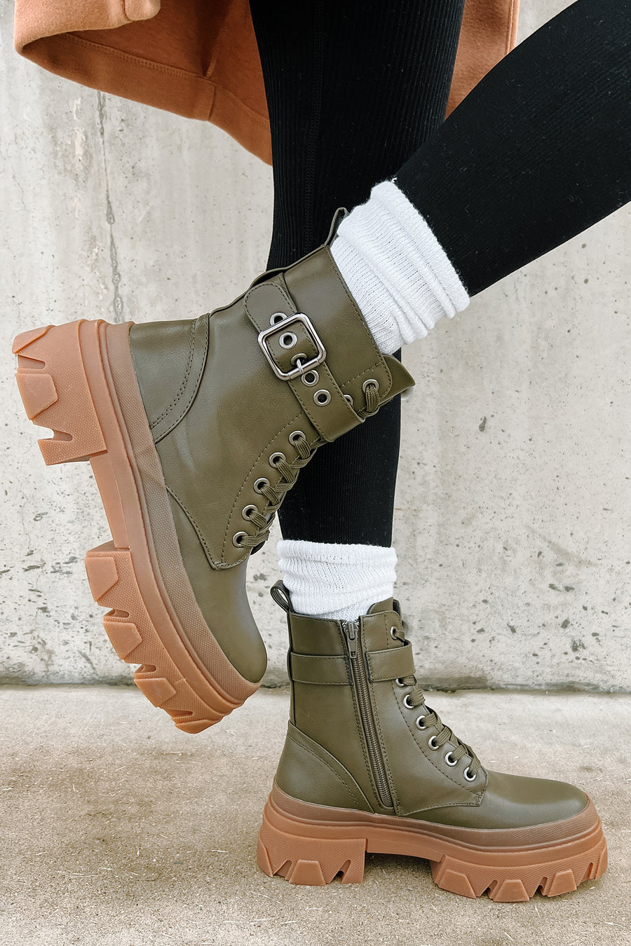 Chain Of Command Faux Leather Combat Booties (Olive) - NanaMacs