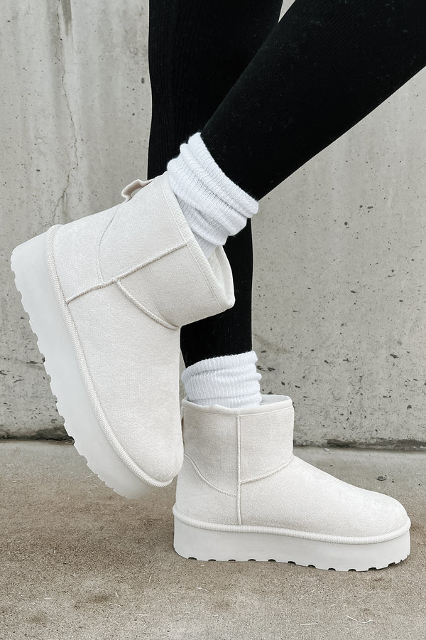 All Warm & Bundled Faux Fur Lined Mini Platform Booties (Off White) - NanaMacs