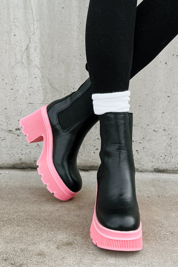 Can't Miss Me Lug Sole Chelsea Platform Boots (Black/Pink) - NanaMacs