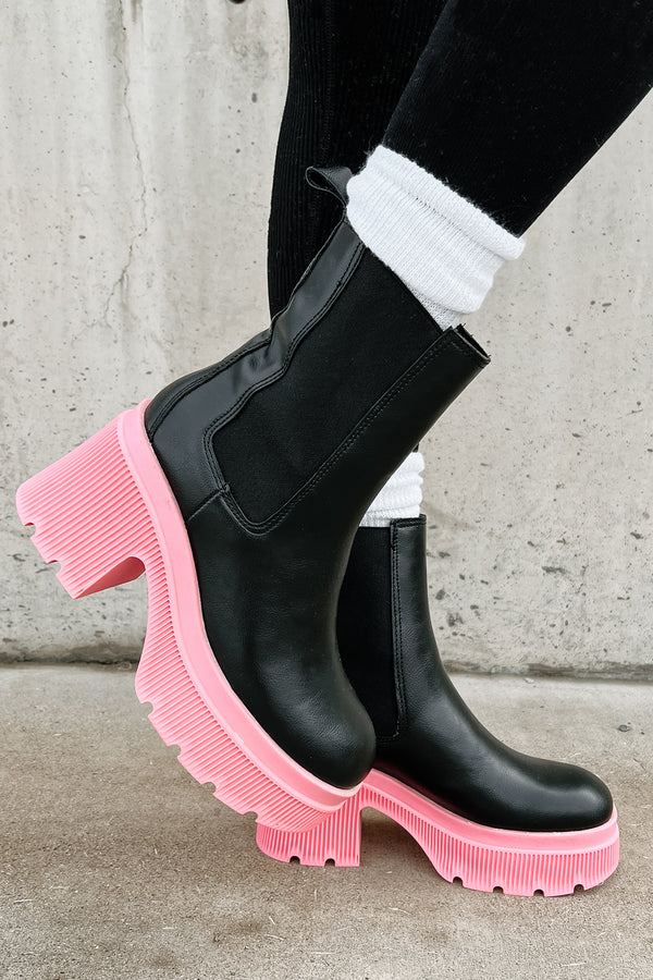 Can't Miss Me Lug Sole Chelsea Platform Boots (Black/Pink) - NanaMacs