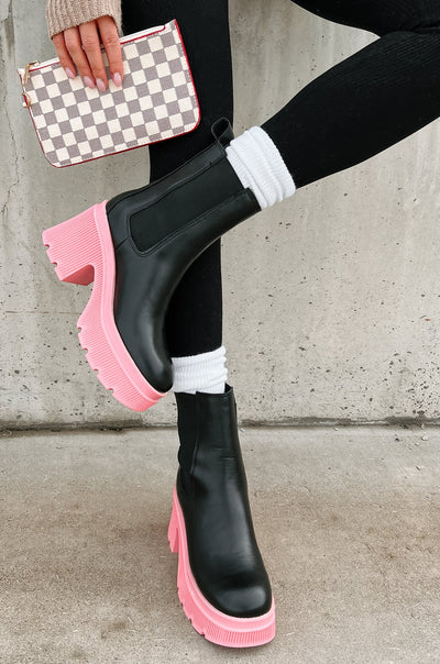 Can't Miss Me Lug Sole Chelsea Platform Boots (Black/Pink) - NanaMacs