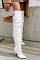 Here Comes Trouble Faux Leather Thigh High Boots (White) - NanaMacs