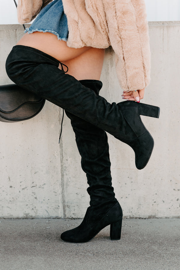 Bold Horizon Thigh High Faux Suede Boots (Black) - NanaMacs