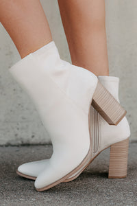 Silk & Secrets Pointed Toe Heeled Booties (Off White) - NanaMacs