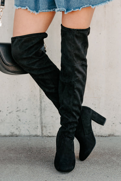 Bold Horizon Thigh High Faux Suede Boots (Black) - NanaMacs