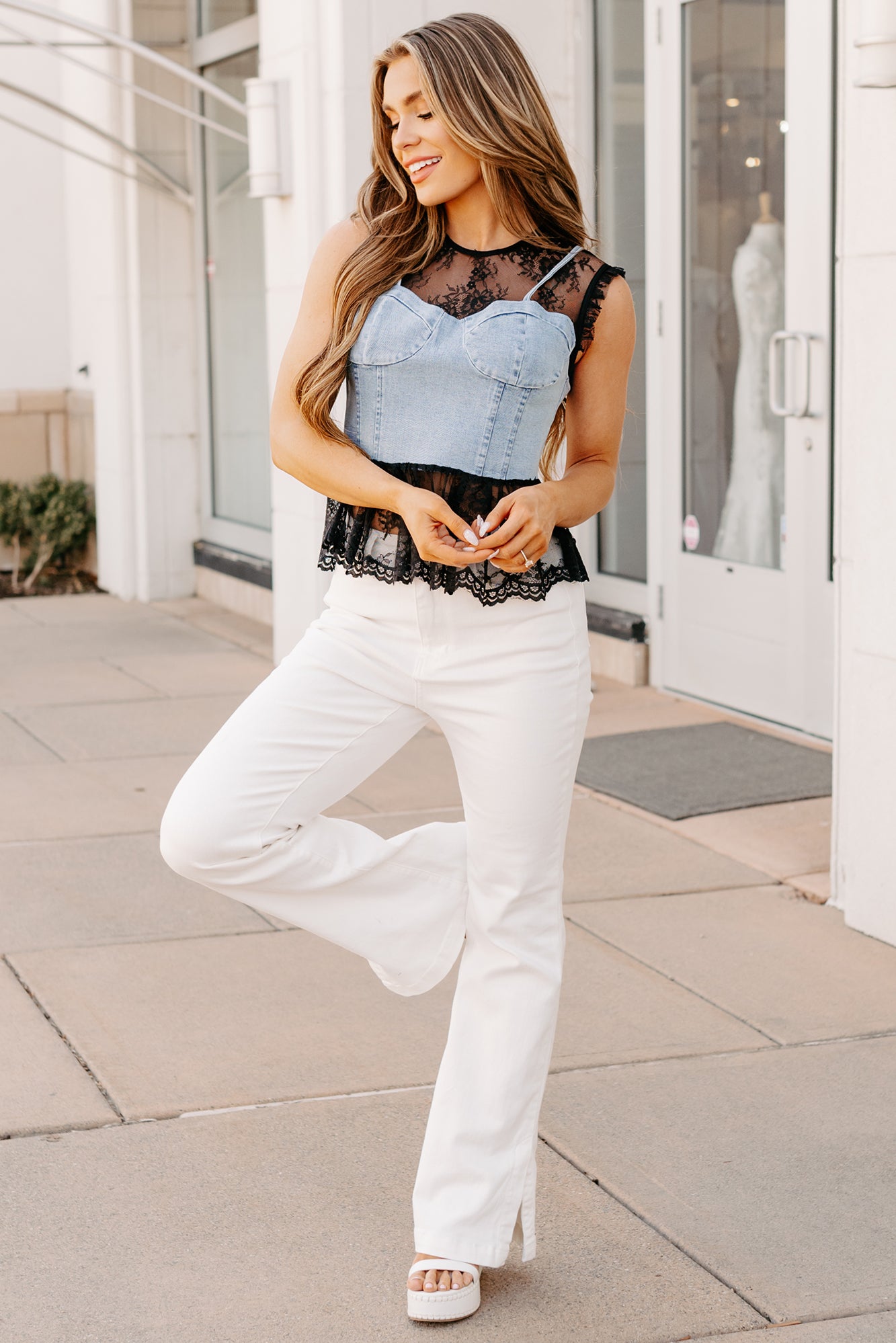 Bold & Flirty Corset Overlay Lace Top (Denim/Black) · NanaMacs