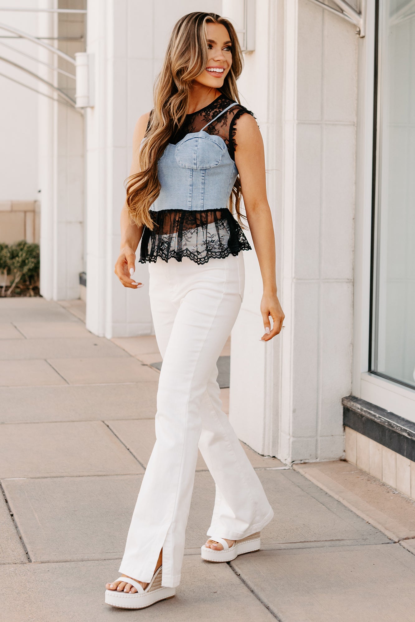 Bold & Flirty Corset Overlay Lace Top (Denim/Black) · NanaMacs