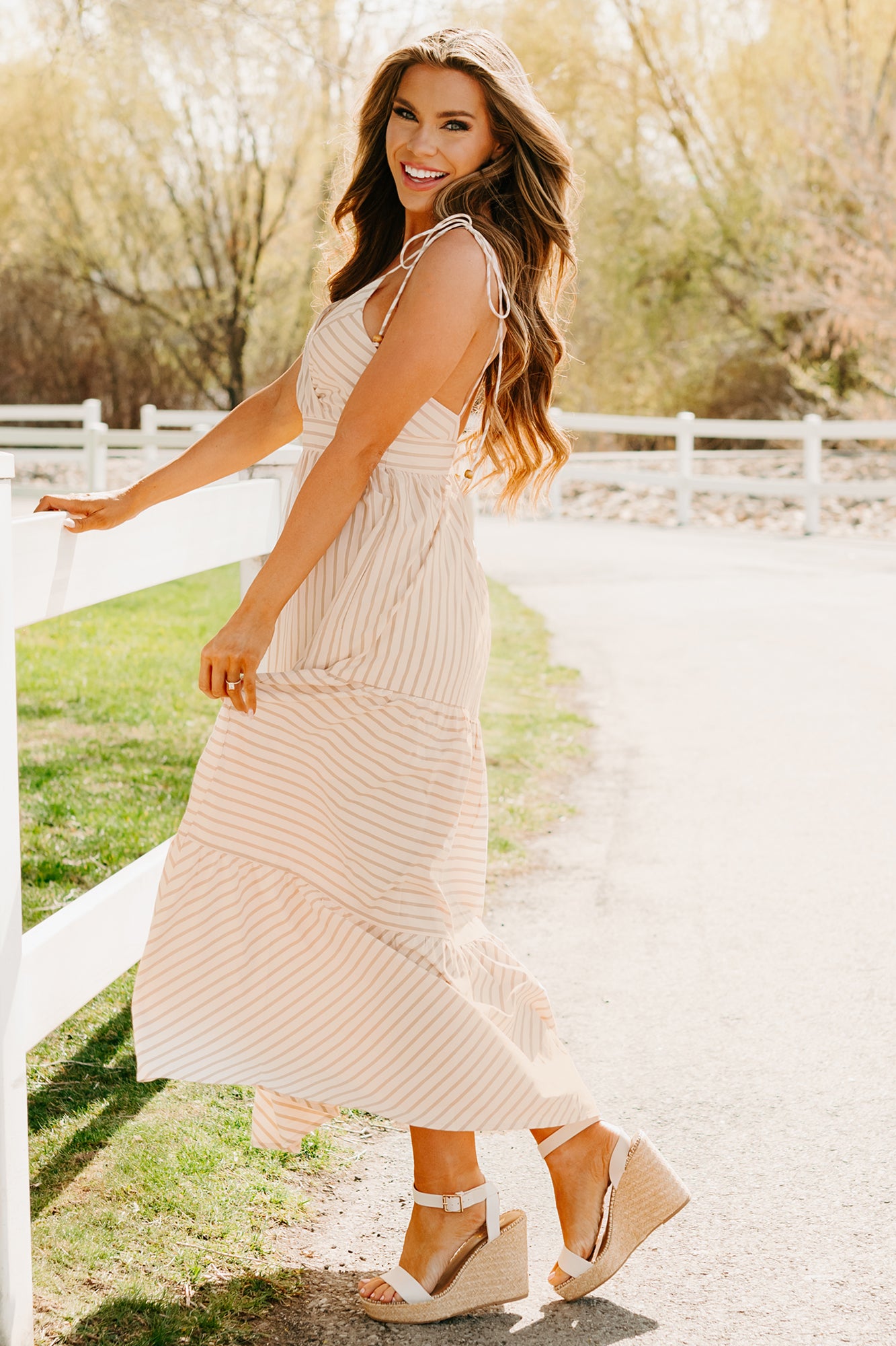 Women's Dancing On Stars Striped Maxi Dress in Taupe Women's Dancing On Stars Striped Maxi Dress in Taupe