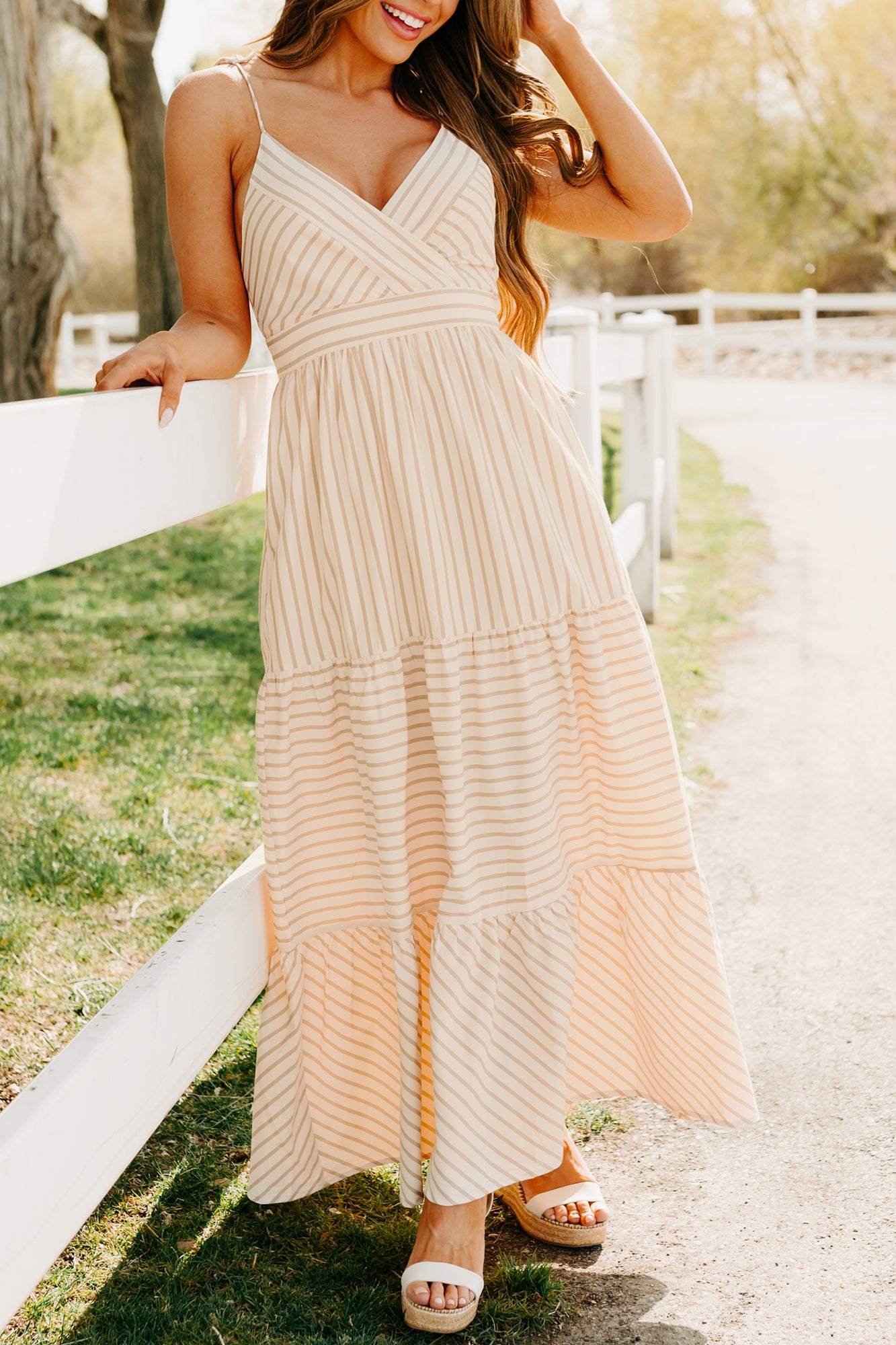 Women's Dancing On Stars Striped Maxi Dress in Taupe - Size L Women's Dancing On Stars Striped Maxi Dress in Taupe - Size L