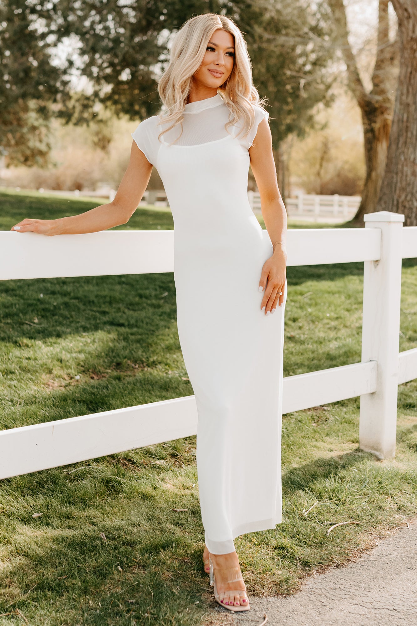 Women's Wish You Were Here Mesh Mock Neck Maxi Dress in Ivory - Size L Women's Wish You Were Here Mesh Mock Neck Maxi Dress in Ivory - Size L
