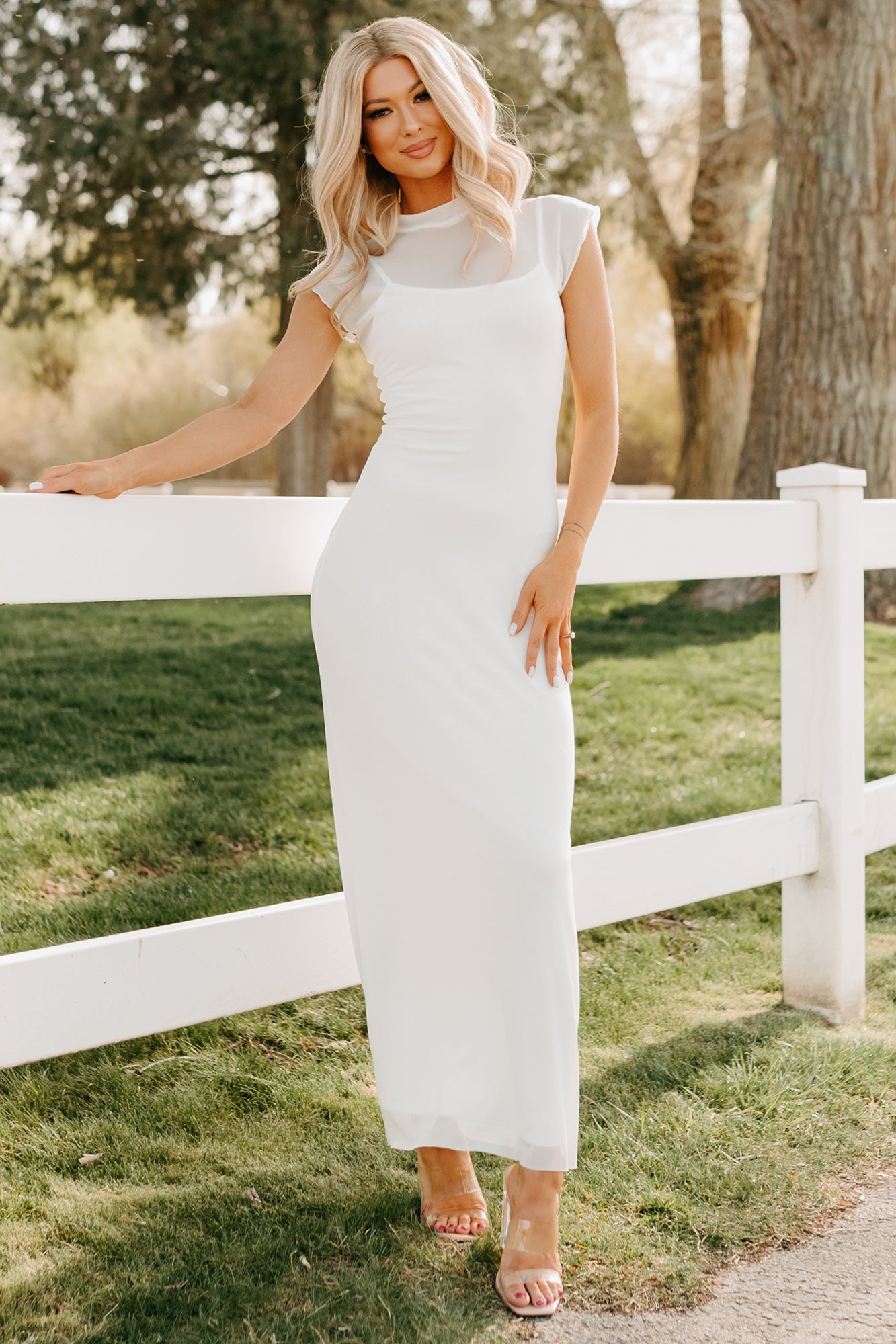 Women's Wish You Were Here Mesh Mock Neck Maxi Dress in Ivory - Size L Women's Wish You Were Here Mesh Mock Neck Maxi Dress in Ivory - Size L