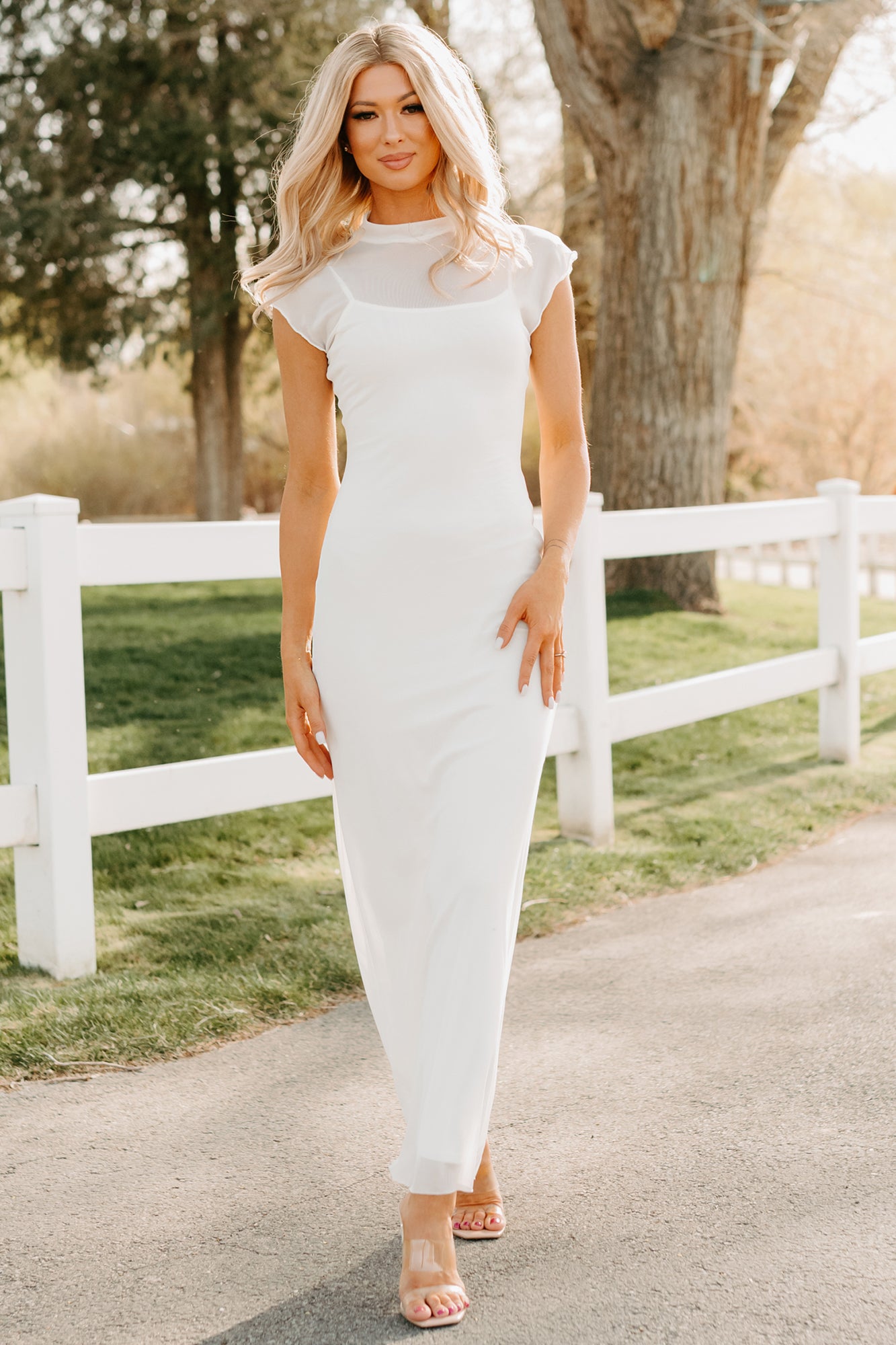 Women's Wish You Were Here Mesh Mock Neck Maxi Dress in Ivory - Size L Women's Wish You Were Here Mesh Mock Neck Maxi Dress in Ivory - Size L