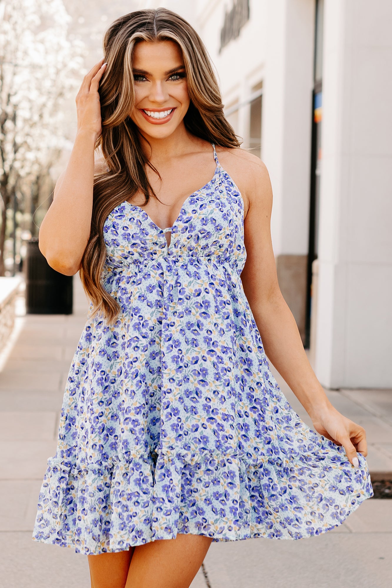 PROMESA Women's Prairie Rose Floral Mini Dress in Periwinkle Blue PROMESA Women's Prairie Rose Floral Mini Dress in Periwinkle Blue