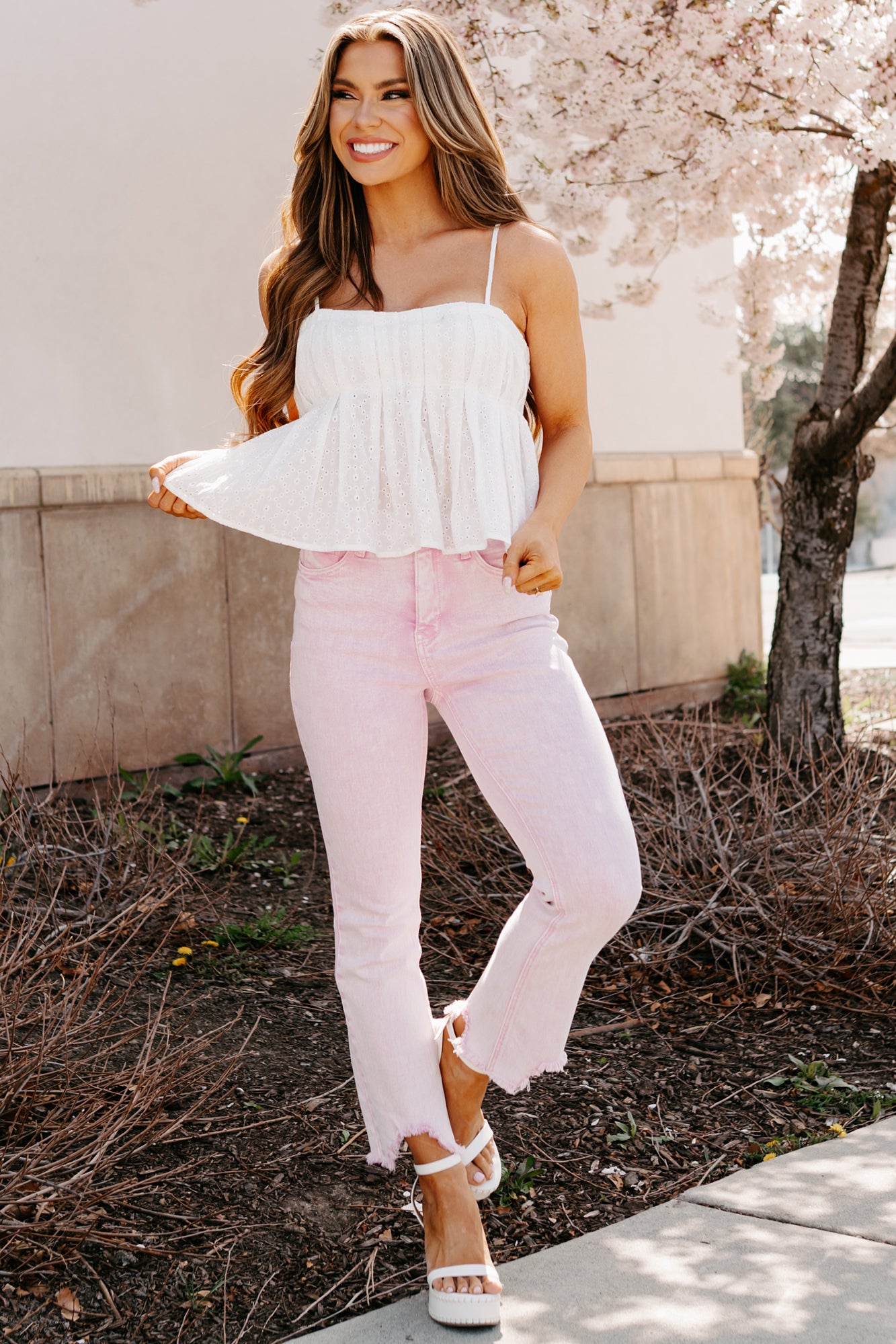 Simply You Pleated Eyelet Lace Tank Top (Off White) · NanaMacs