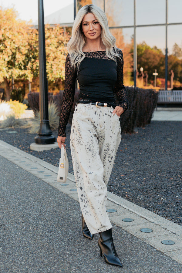 Zane High Rise Printed Barrel Kancan Jeans (Beige/Black) - NanaMacs