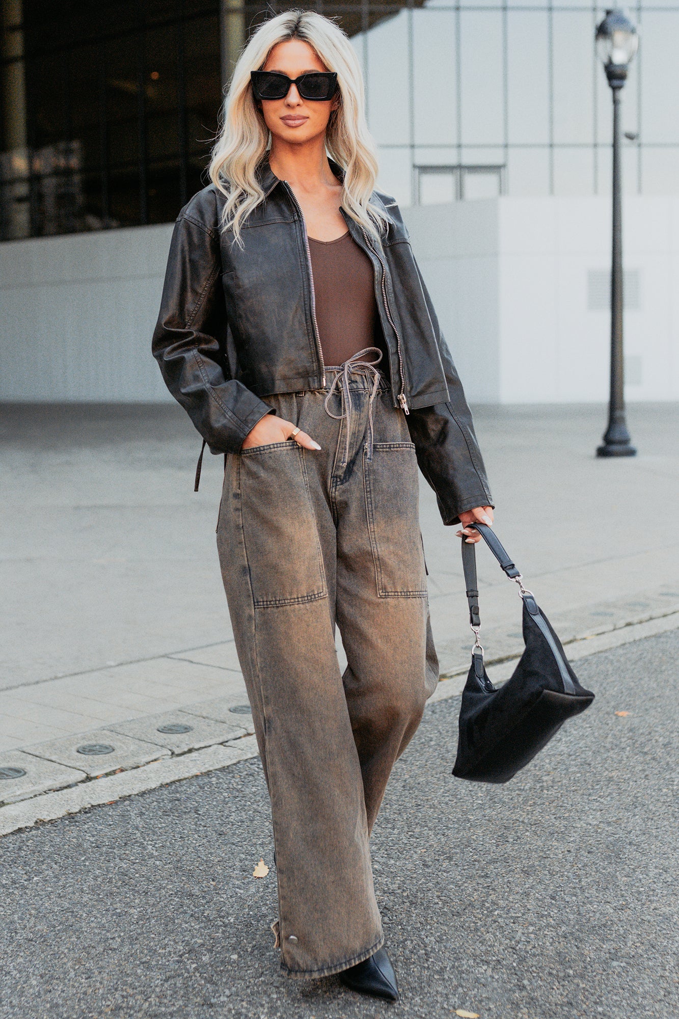 Never Tired Faux Leather Lace Side Jacket (Dark Coffee) - NanaMacs