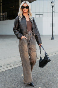 Never Tired Faux Leather Lace Side Jacket (Dark Coffee) - NanaMacs