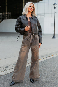 Never Tired Faux Leather Lace Side Jacket (Dark Coffee) - NanaMacs