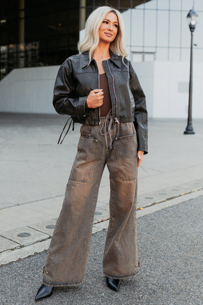 Never Tired Faux Leather Lace Side Jacket (Dark Coffee) - NanaMacs