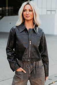 Never Tired Faux Leather Lace Side Jacket (Dark Coffee) - NanaMacs