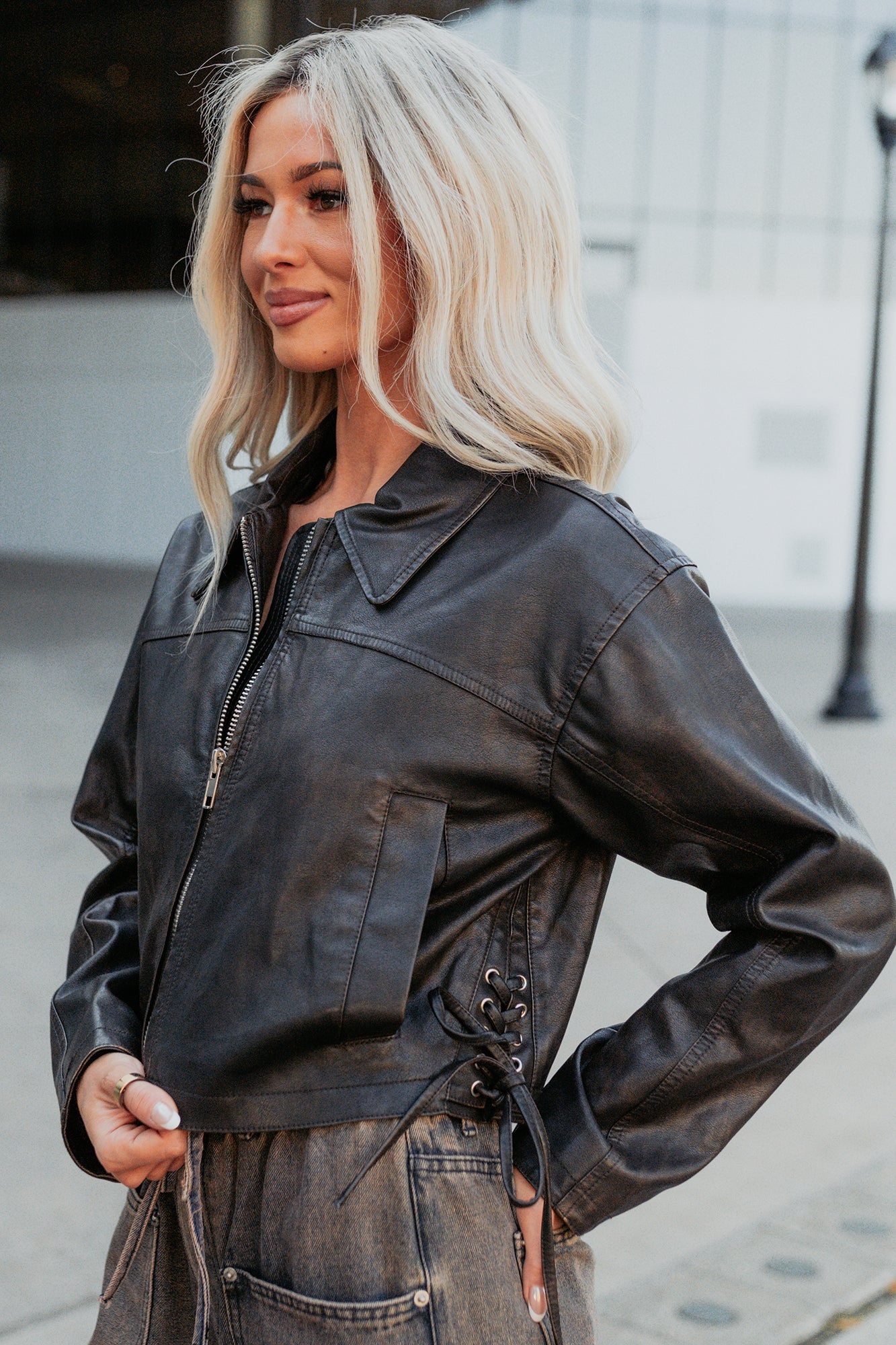 Never Tired Faux Leather Lace Side Jacket (Dark Coffee) - NanaMacs