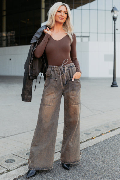 Everyday Lovely V Neck Long Sleeve Bodysuit (Coffee Bean) - NanaMacs