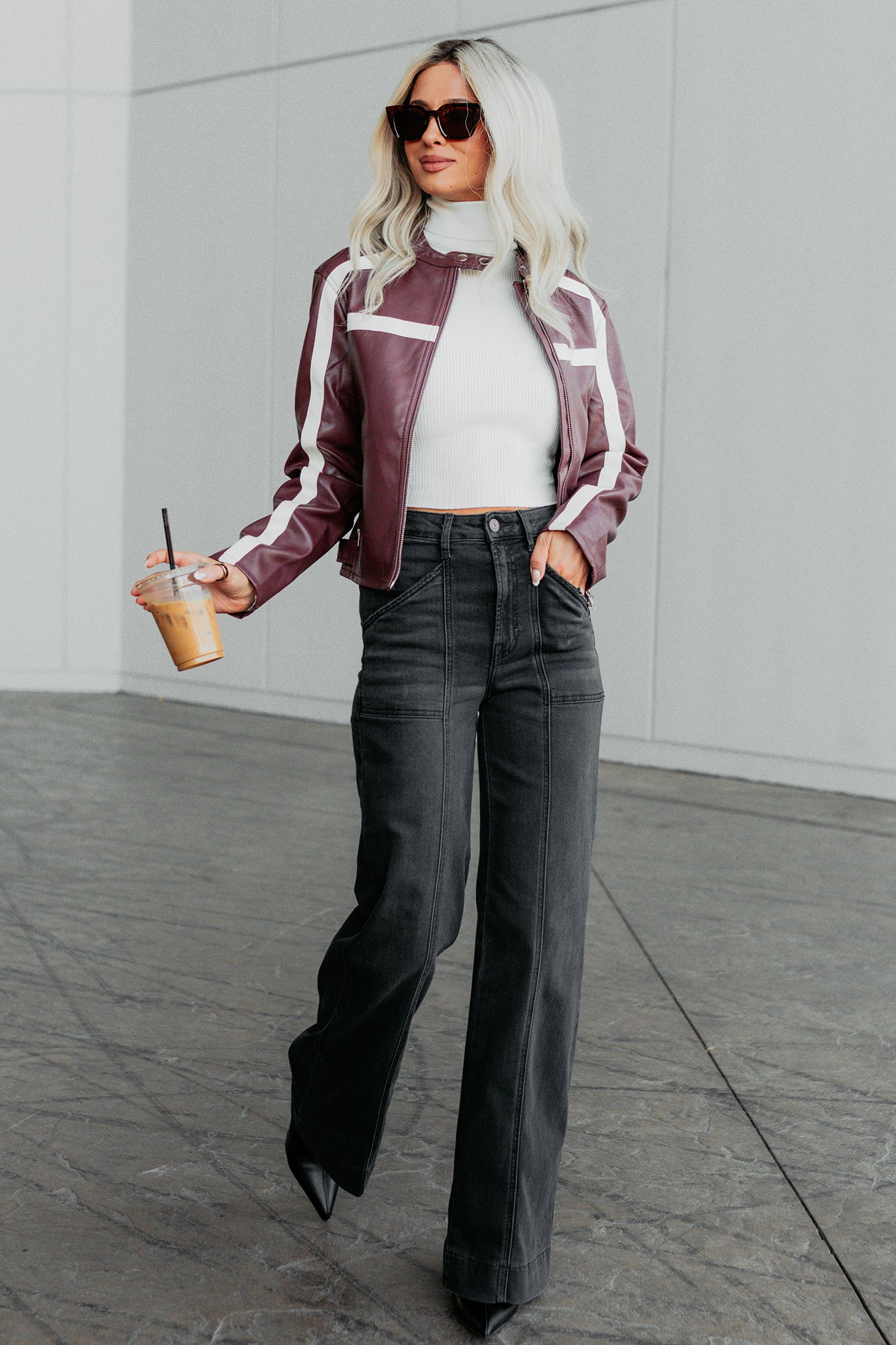 Thrill Seeker Faux Leather Racer Jacket (Burgundy) - NanaMacs