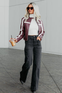 Thrill Seeker Faux Leather Racer Jacket (Burgundy) - NanaMacs