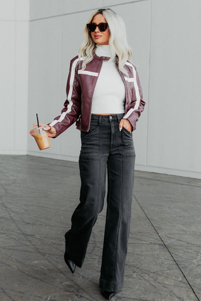 Thrill Seeker Faux Leather Racer Jacket (Burgundy) - NanaMacs