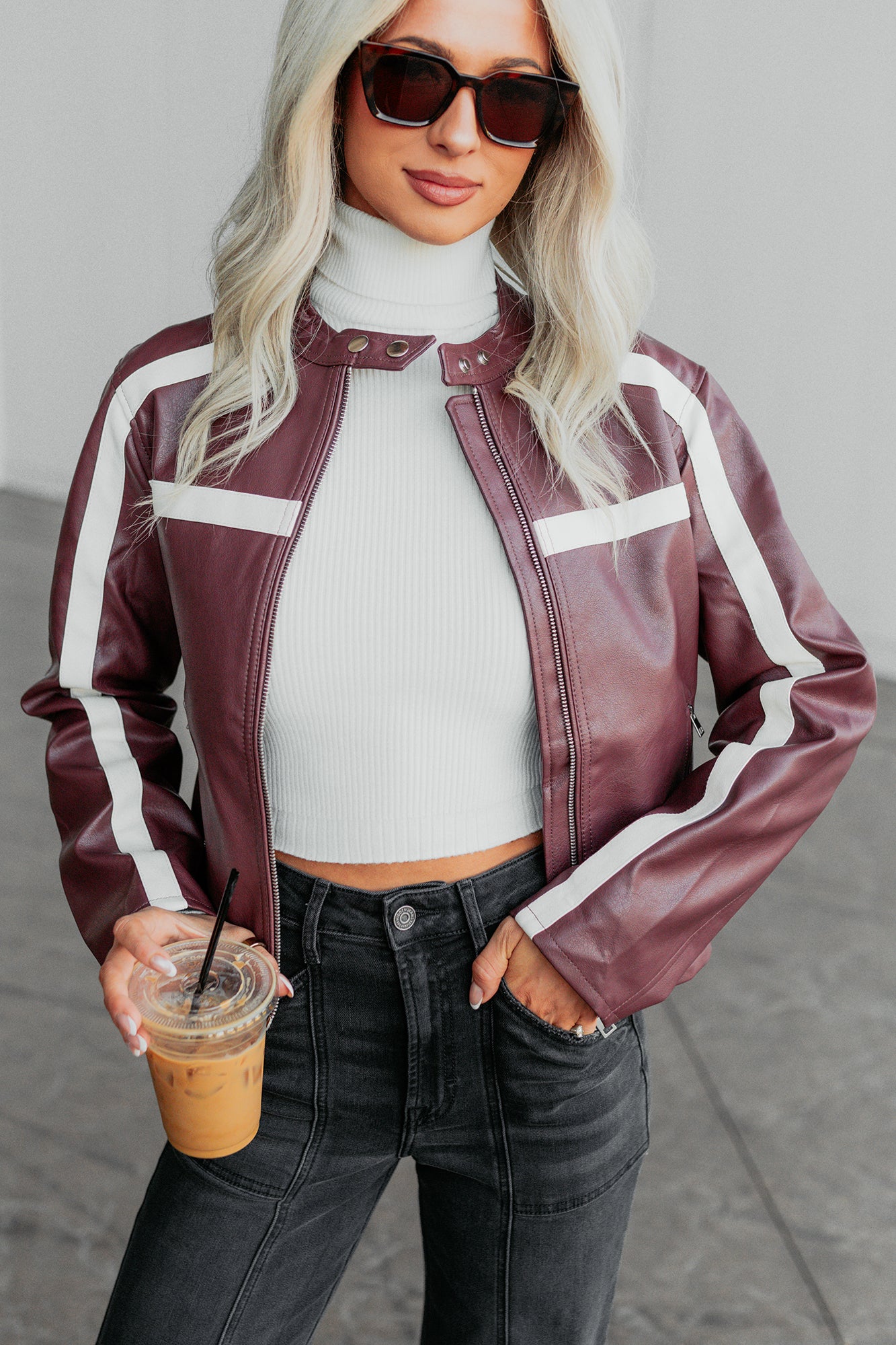 Thrill Seeker Faux Leather Racer Jacket (Burgundy) - NanaMacs