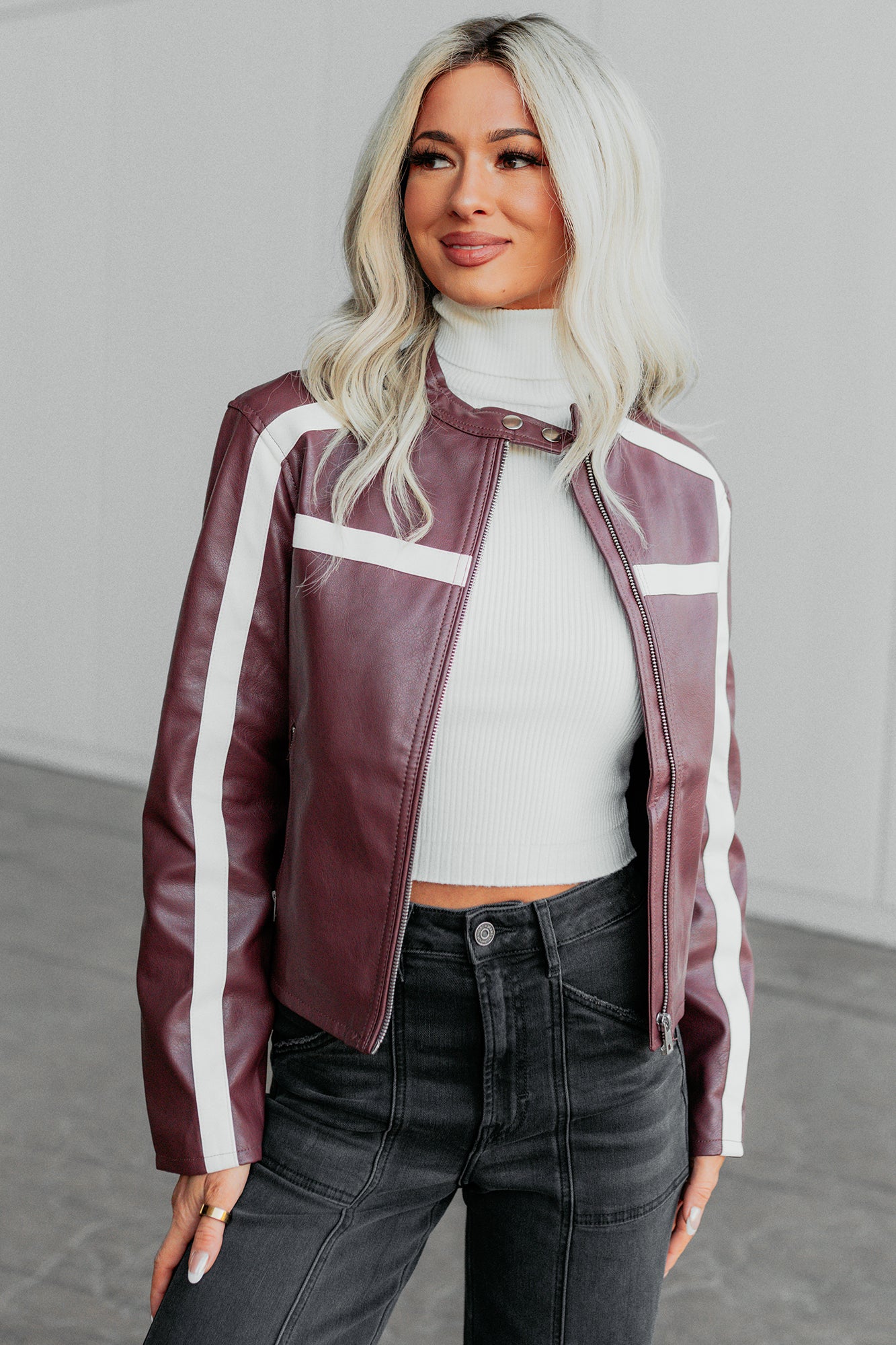 Thrill Seeker Faux Leather Racer Jacket (Burgundy) - NanaMacs