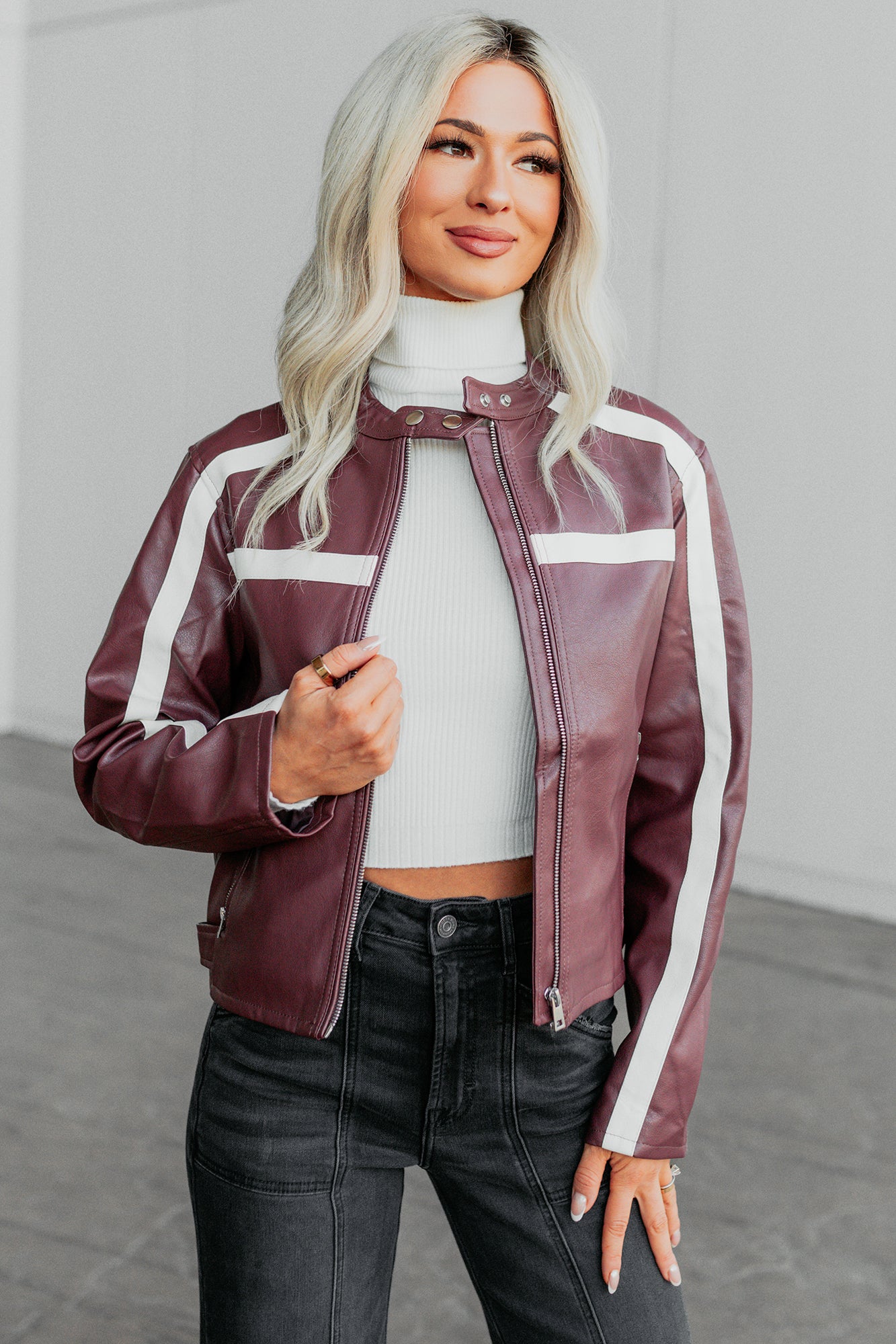 Thrill Seeker Faux Leather Racer Jacket (Burgundy) - NanaMacs