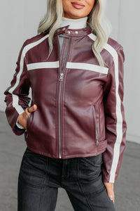 Thrill Seeker Faux Leather Racer Jacket (Burgundy) - NanaMacs