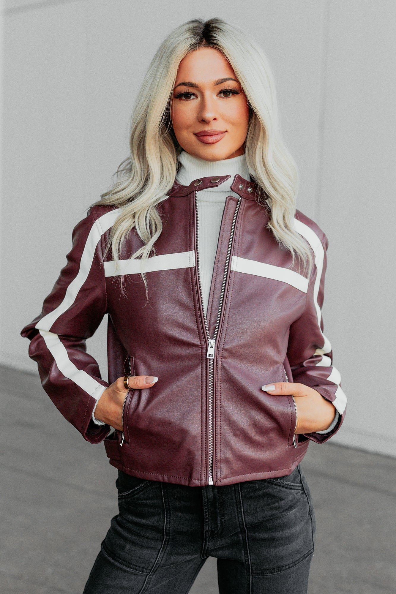 Thrill Seeker Faux Leather Racer Jacket (Burgundy) - NanaMacs