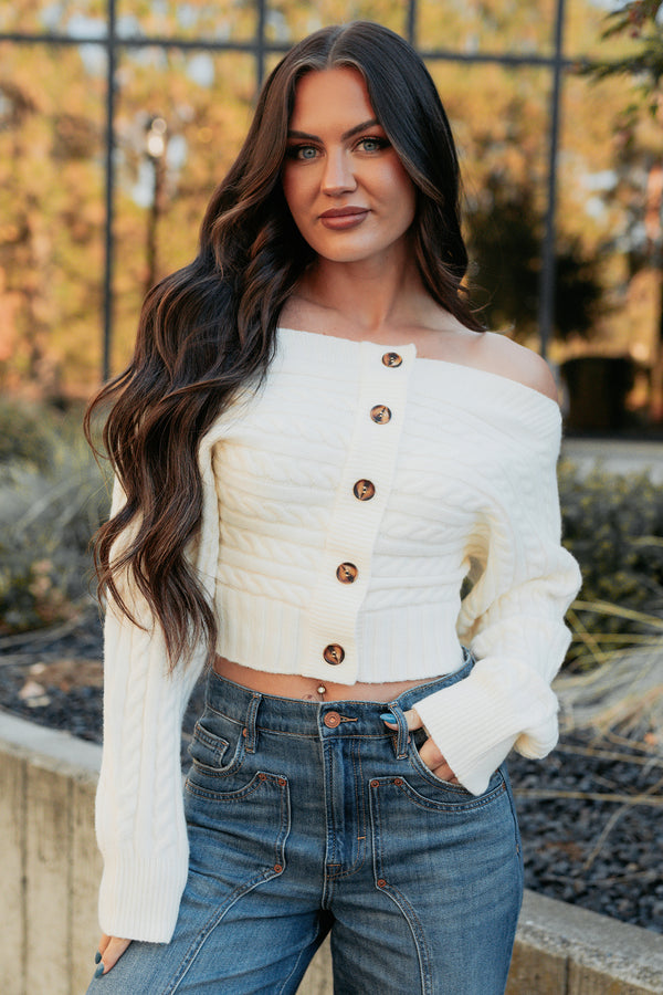 Better Late Off The Shoulder Cable Knit Cardigan (Ivory) - NanaMacs